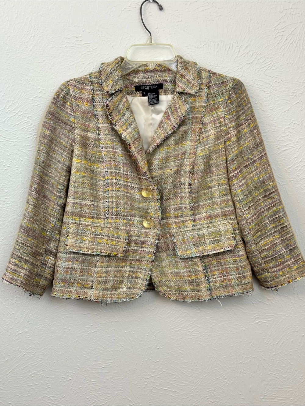 Etcetera Multicolor Tweed Boucle Cropped Blazer Women’s Size 6 Silk Blend
